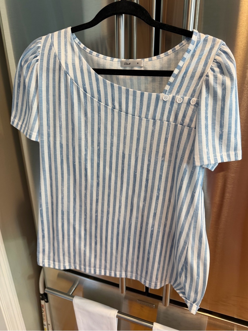 Light Blue & White Striped Puff Sleeve Square Neck Top